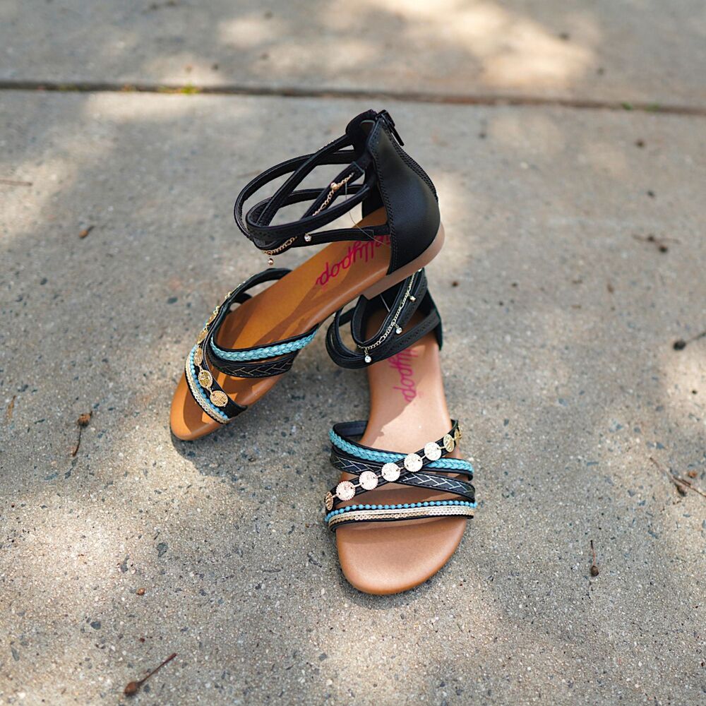 Jellypop Manila Gladiator Sandals NWOT 6.5 Black Boho Charm Beaded Zip